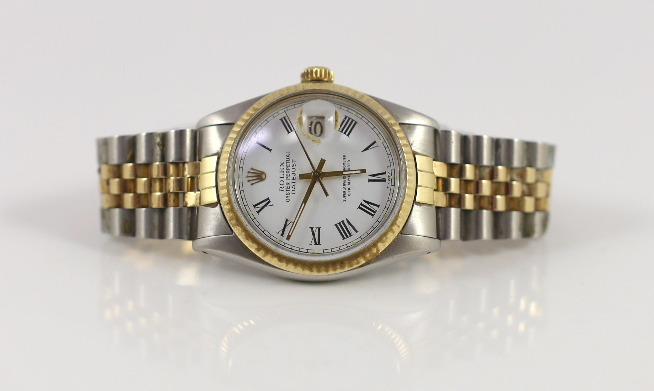 A gentleman's early 1980's steel and gold Rolex Oyster Perpetual Datejust wrist watch, on a steel and gold Rolex bracelet
